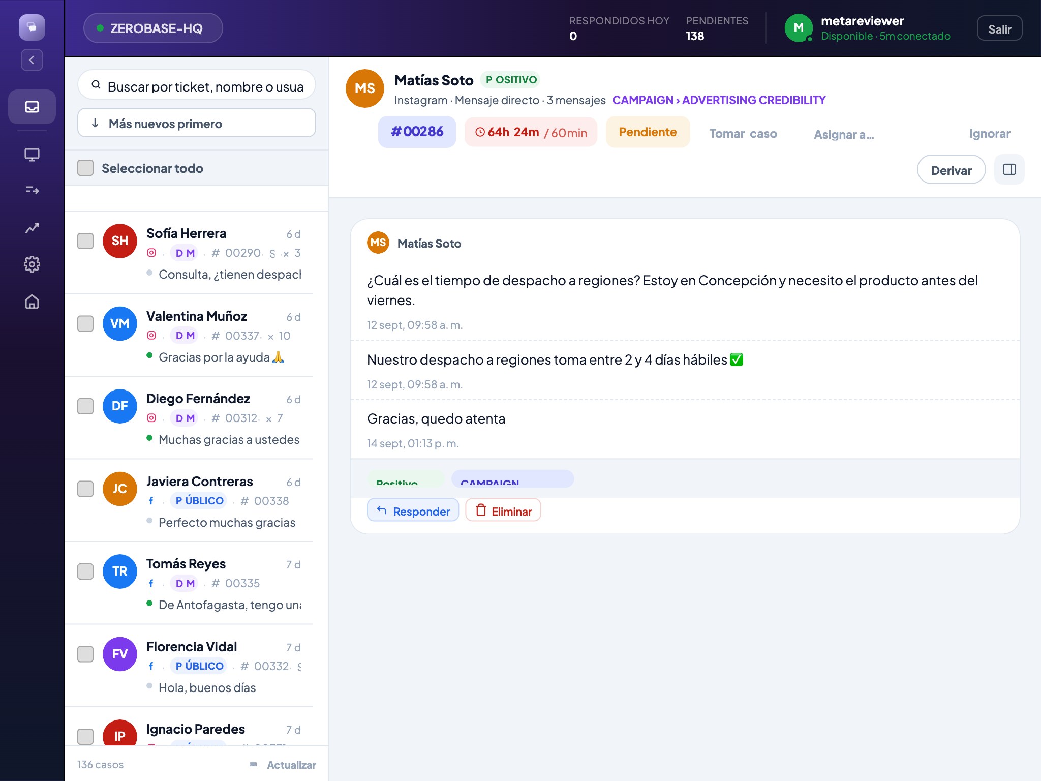 Bandeja de Inbox mostrando la lista de conversaciones y un hilo de Instagram abierto